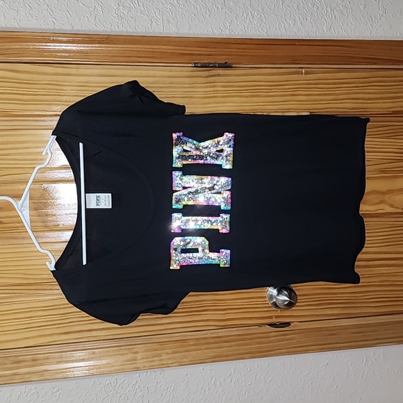 VS PINK- Rainbow Lined Silver Bling Logo Black T-Shirt Size Large - Picture 3 of 6